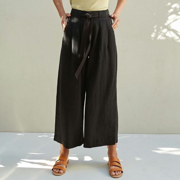 Anthropologie Sancia Marla Linen Blend Wide Leg Pant in Noir Black Large Tie - Picture 1 of 8
